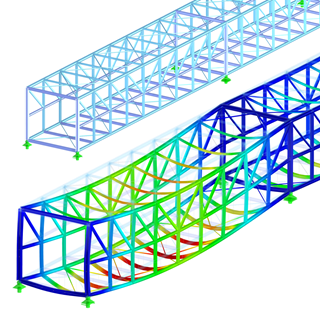 La imagen muestra el diseño estructural y análisis de un puente transportador de acero, destacando elementos clave y especificaciones de material.