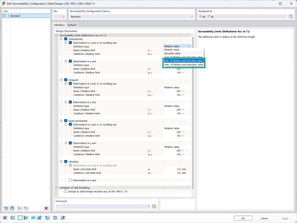 Opciones de configuración para el uso de valores extremos relativos y absolutos en el estado límite de servicio.