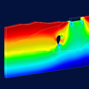 Vista detallada de un modelo de análisis estructural de varias plantas con elementos codificados por colores que indican la distribución de carga y los niveles de tensión en un entorno 3D.
