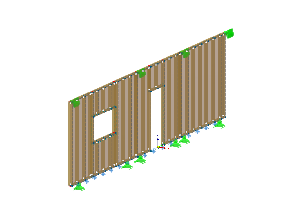 Muro de cortante de madera con apoyos en nudos y líneas para diseño de tirafondo y conectores de cortante