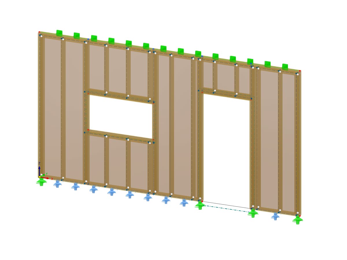 Muro de cortante de madera con apoyos en nudos y líneas para diseño de tirafondo y conectores de cortante
