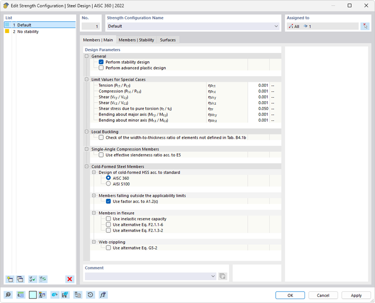 Cuadro de diálogo "Editar configuración de límite elástico" para el cálculo de acero según AISC 360