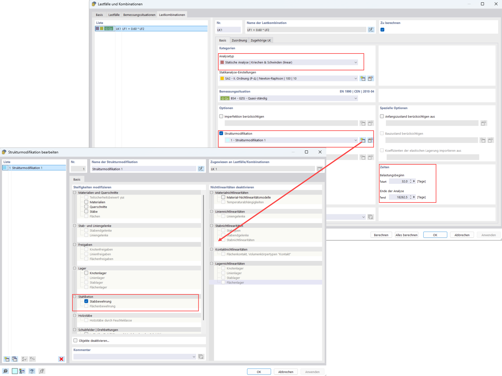 Configuración para el análisis estructural del efecto de fluencia, modificación lineal, deformaciones de hormigón multiplicadas