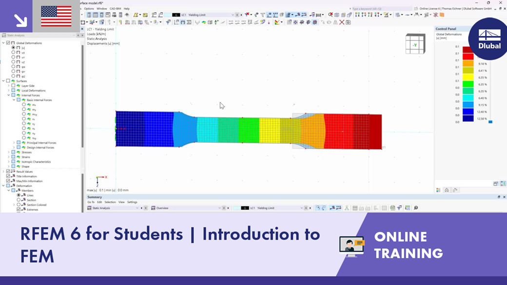 Imagen de una sesión de formación en línea centrada en RFEM 6 para estudiantes, donde se introducen conceptos del método de los elementos finitos.