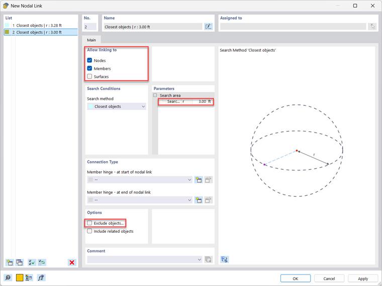 Configuración de la conexión del nudo de acoplamiento con opciones para modificación y ajuste en un modelo estructural.