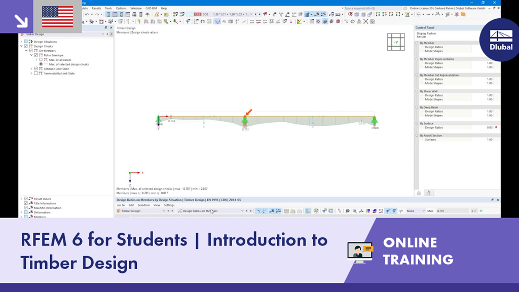 Curso de formación en línea sobre diseño de estructuras de madera para estudiantes que utilizan el software RFEM 6 de Dlubal, titulado Introducción al diseño de madera.