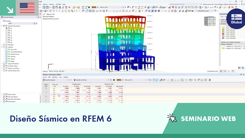 Interfaz de RFEM 6 con funciones de análisis sísmico para cálculo de estructuras.