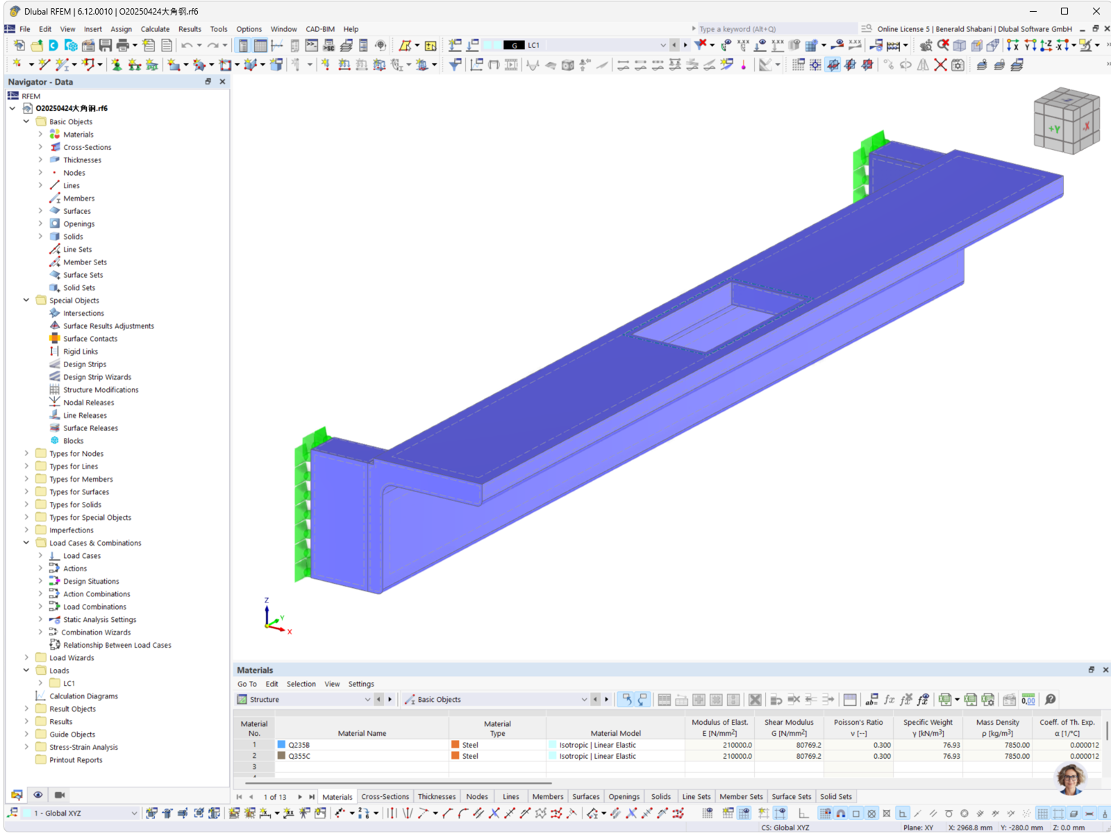 Modelo de una viga de acero para escalera mecánica, creada en un software de ingeniería