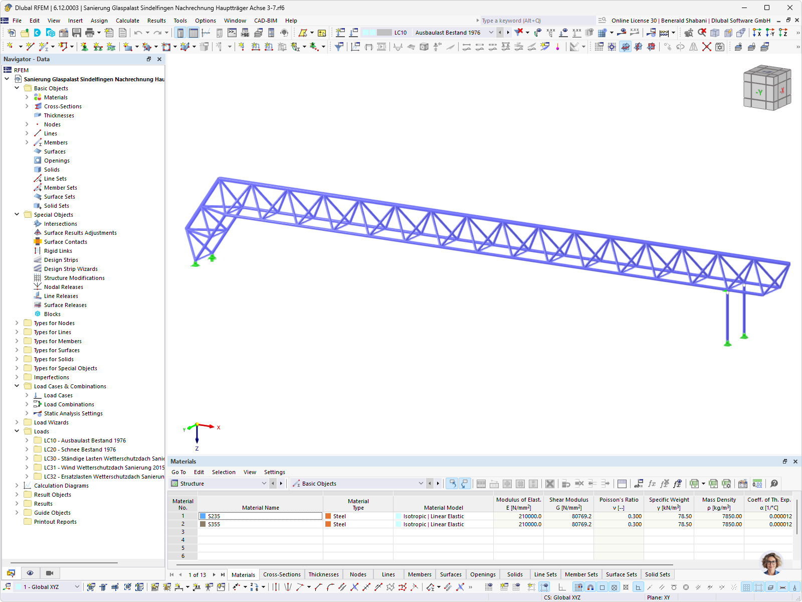 Vista detallada de la estructura de techo de acero del palacio de cristal en RFEM.