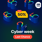 Visual promocional destacando las ofertas de última oportunidad de la Semana Cibernética. Uso de gráficos brillantes y llamativos para transmitir urgencia.