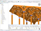 Modelo de RFEM que muestra los pilares de apoyo de una estructura de cubierta de madera de Ergodomus para la marquesina Sprint Canopy en Singapur.