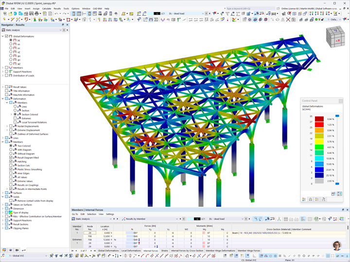 Imagen mostrando los resultados de deformación global de una estructura de madera por Ergodomus en Singapur.
