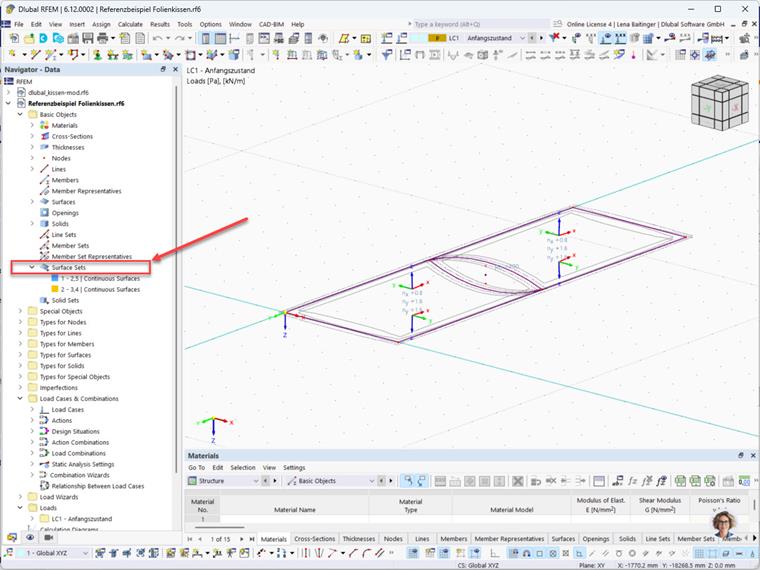 Interfaz gráfica de usuario de RFEM mostrando la entrada del navegador 'Conjuntos de superficies'