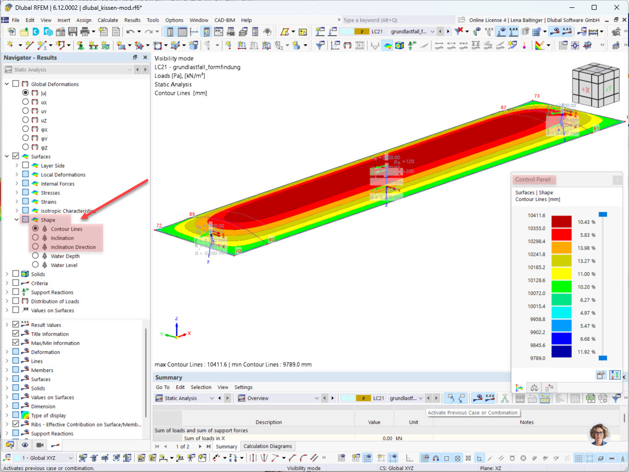 Modelo de membrana neumática con navegador de resultados marcado y panel de control para ajustes precisos del modelo