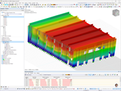 Cálculo de estructuras de un modelo de un pabellón deportivo en Módena, mostrando los resultados del análisis modal realizado en RFEM 6.