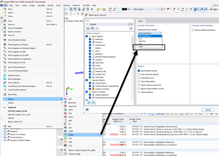 Función de exportación de tablas a formato JSON mostrando la selección de estructura de datos para un manejo eficiente de datos.