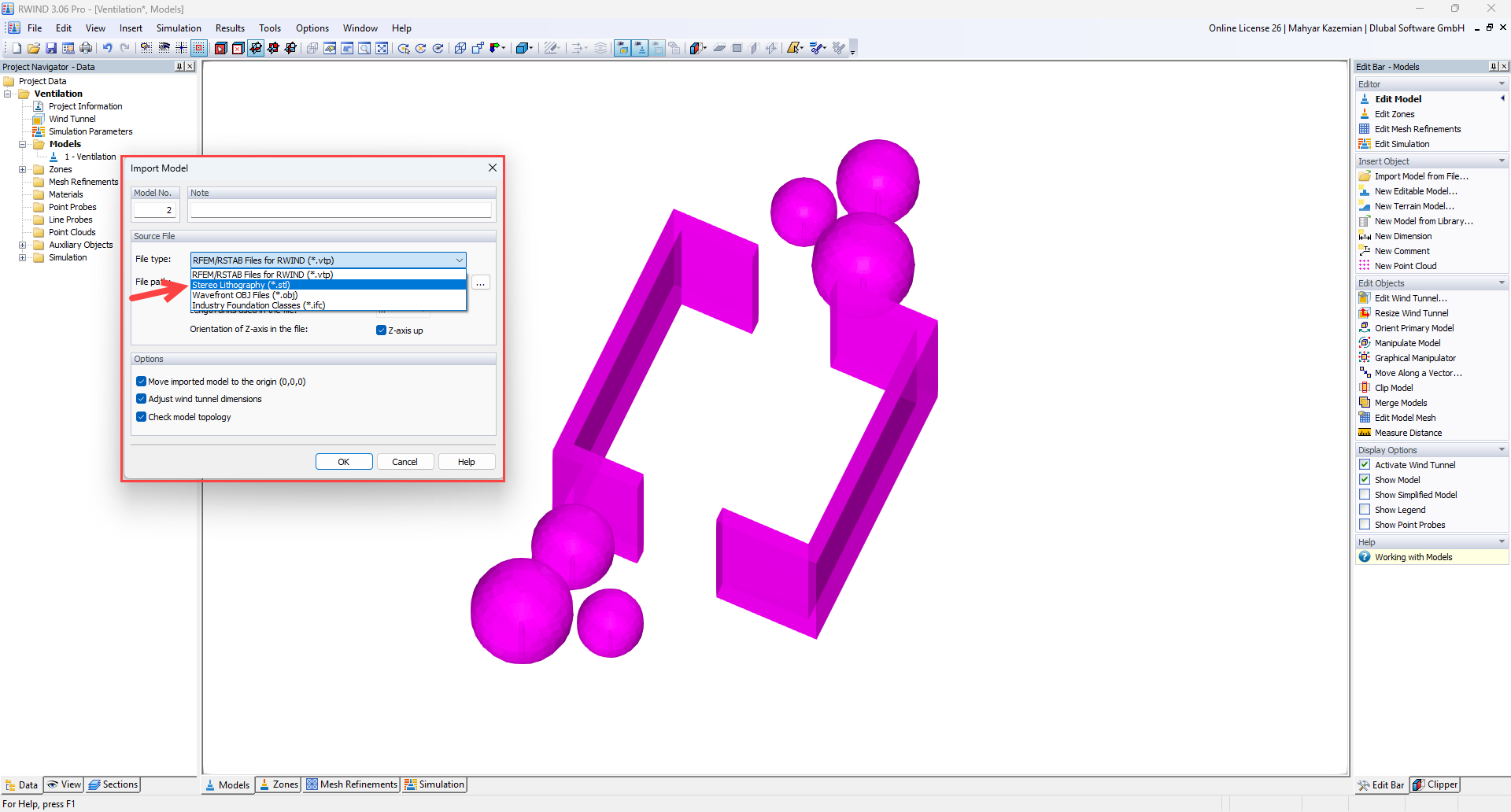 Importación de modelo STL en RWIND Simulation para análisis de flujo de aire