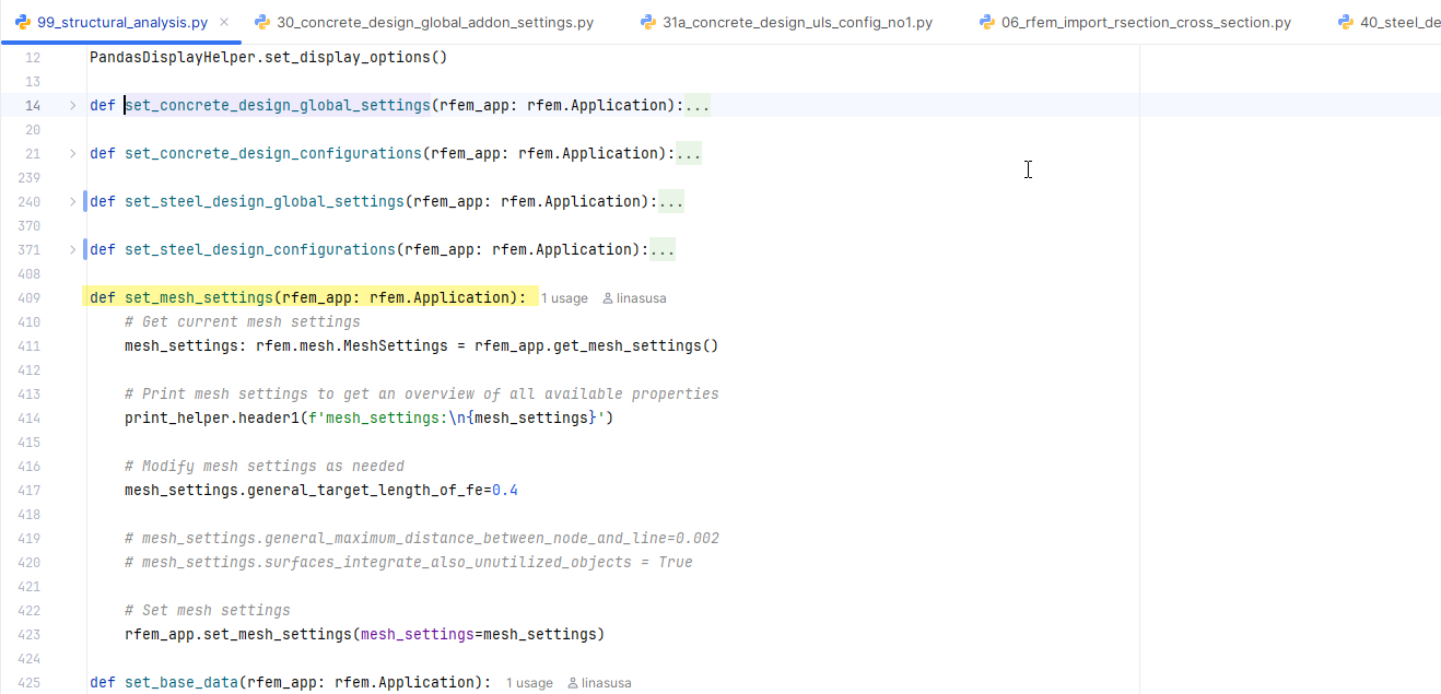 Configuración de malla empleando la interfaz API para modelado estructural.