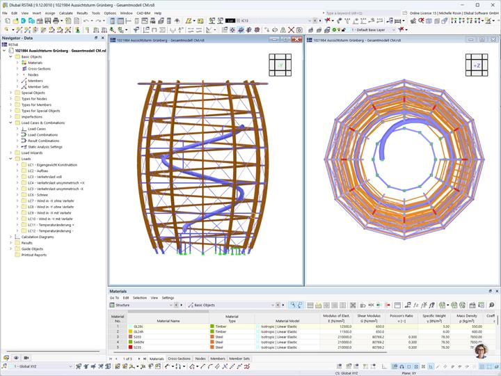 Vistas de una torre de madera, modelada en el software RSTAB.