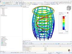 Visualización de un modelo 3D de torre de observación de madera con deformaciones en RSTAB.