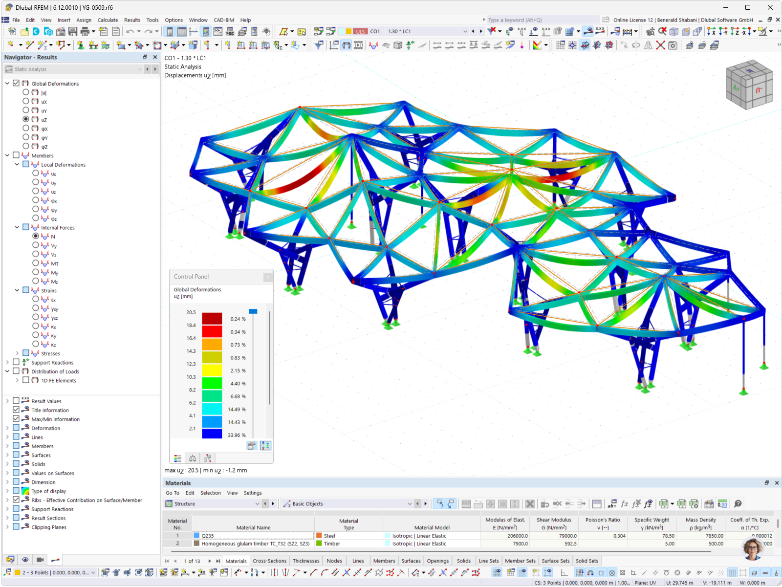 Visualización de la deformación de una estructura de madera en RFEM, proporcionada por la Universidad de Tecnología de Nanjing. Este detalle muestra potenciales puntos débiles y ayuda en la verificación estructural.