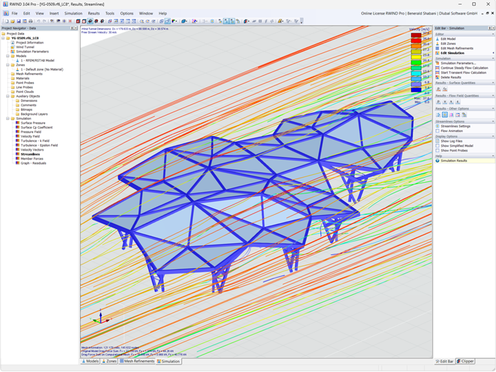 Análisis del viento en una estructura de madera compleja. Representación del flujo del aire y la distribución de presión en una simulación de RWIND.