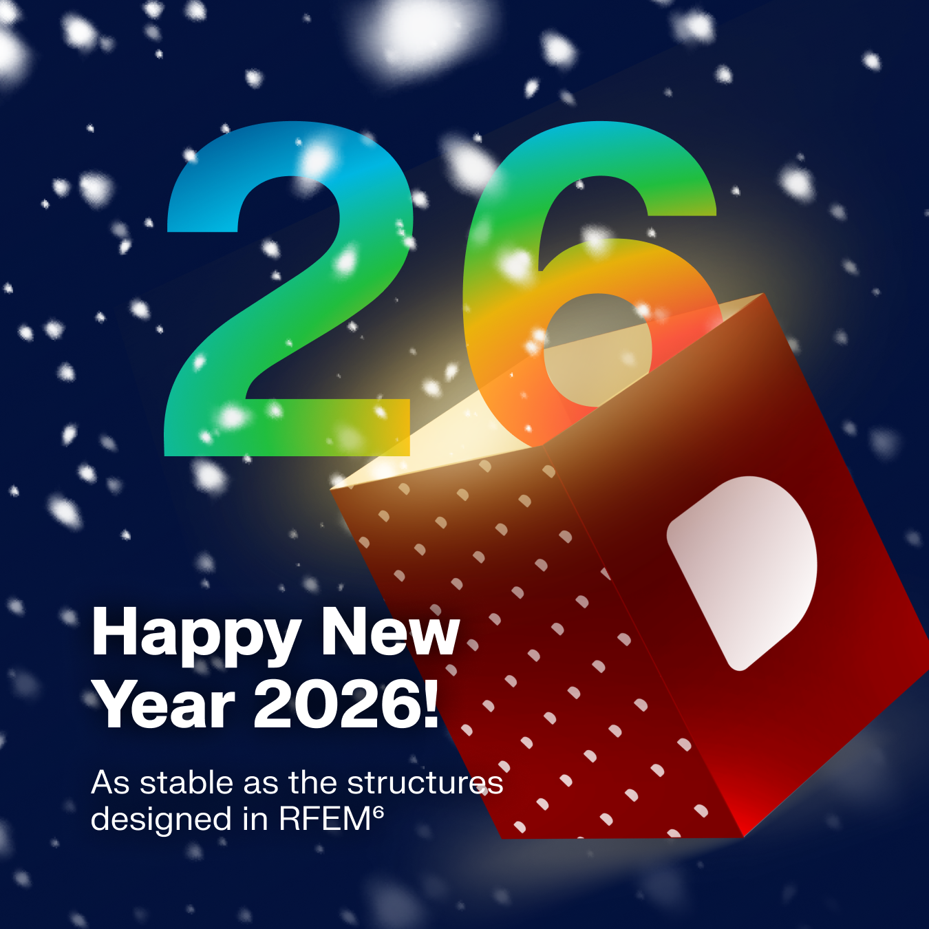 Imagen festiva con "Feliz año nuevo 2026" en letras grandes de colores.