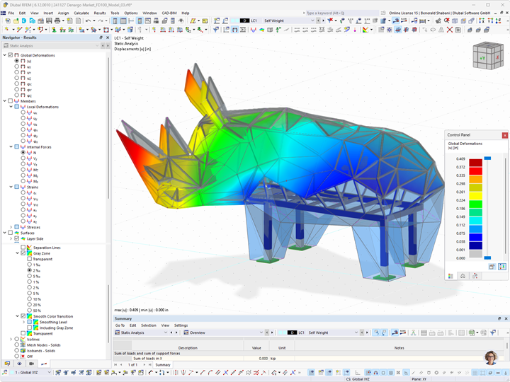 Análisis de deformación de una estructura de acero cargada, creada con el software RFEM.