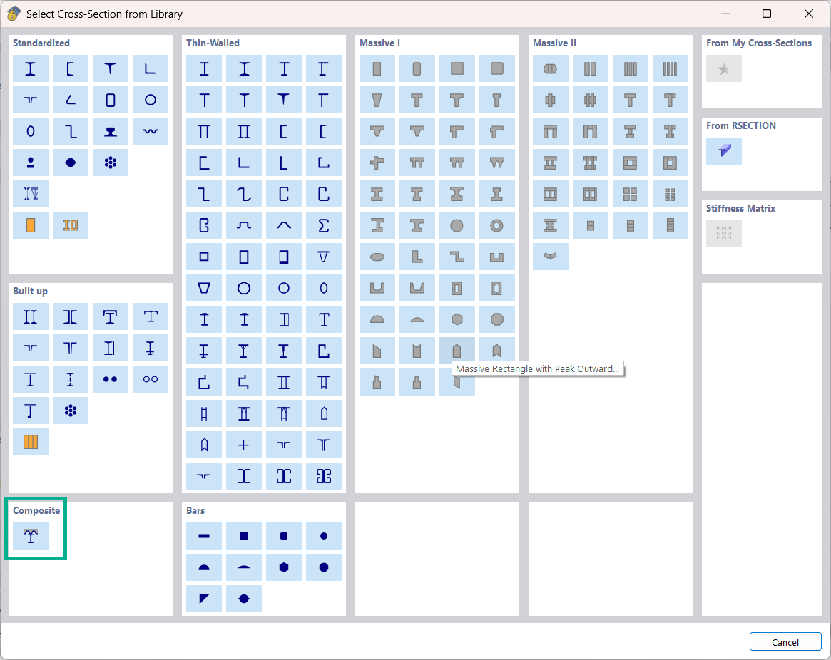 Viga mixta en la biblioteca de secciones de RFEM y RSTAB con secciones en I y losas de hormigón.