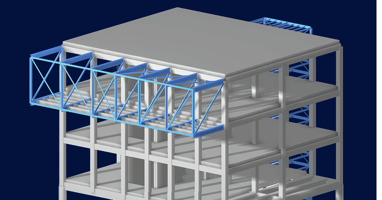 Gráfico de un modelo 3D de un edificio, que ilustra elementos complejos de diseño estructural para fines de promoción.