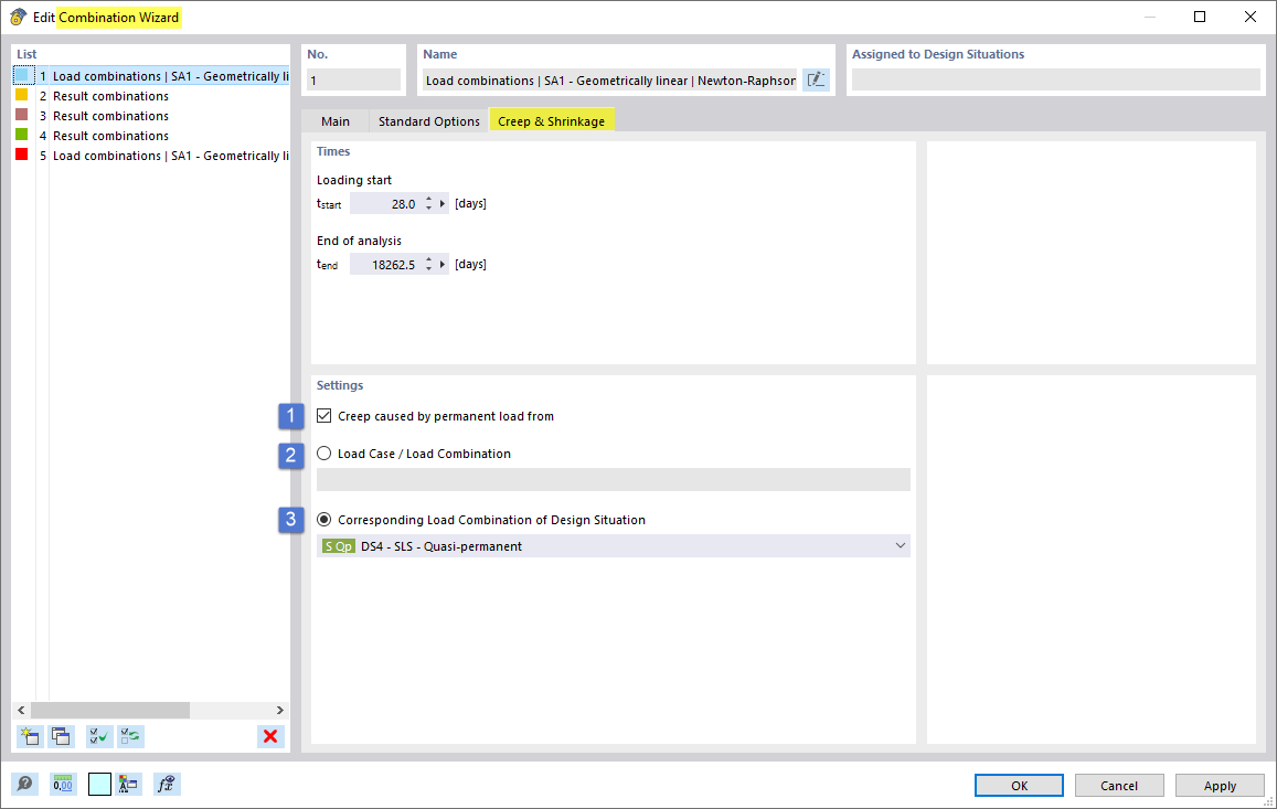 Carga permanente generadora de fluencia en la sección de fluencia y retracción en el asistente de combinaciones