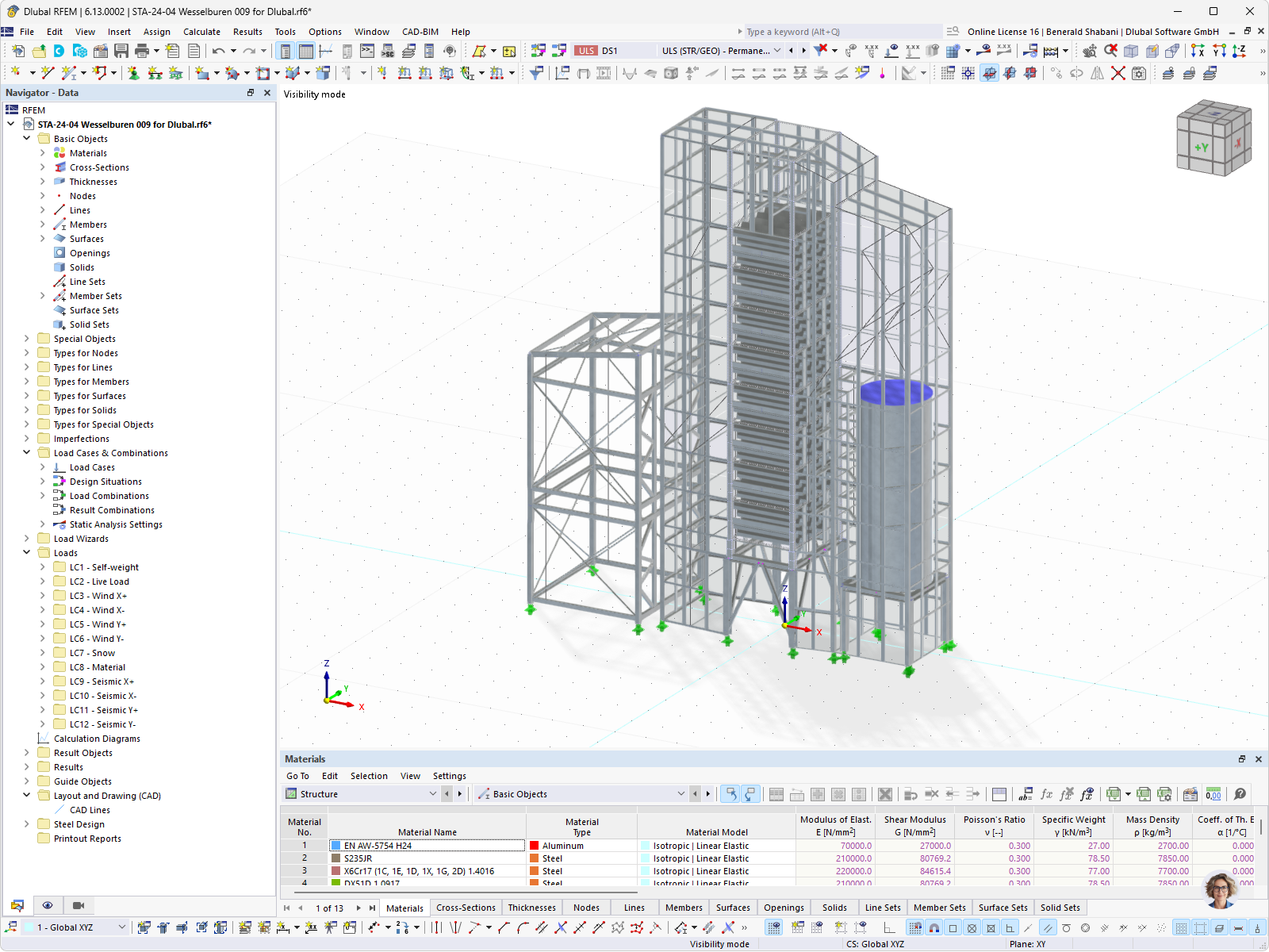Modelo de RFEM de torre de secado de acero. Visualización de la estructura. © GMBS Design Kft.