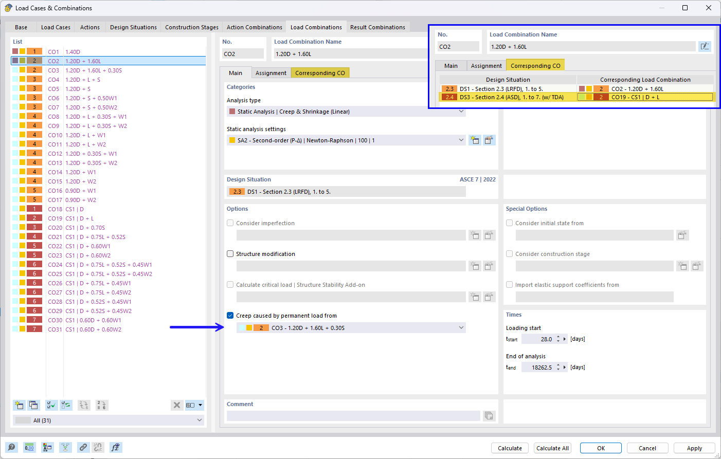 Configuración de carga permanente generando fluencia mediante el Asistente para combinaciones y combinaciones asociadas