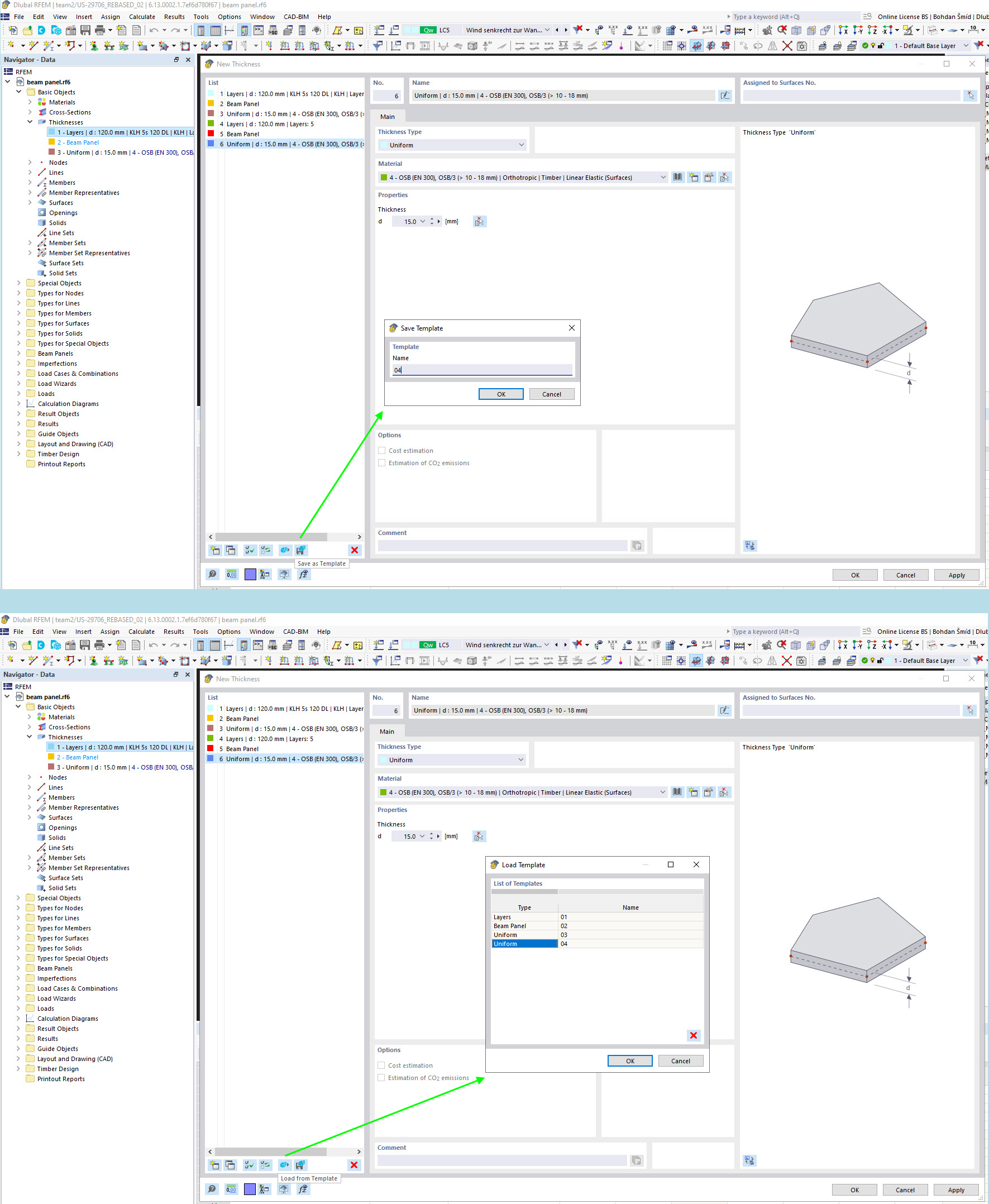 Espesor | Botón de Guardar y Cargar plantilla