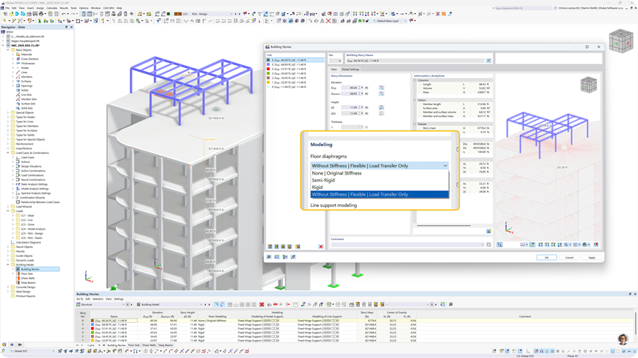 Ilustración que resalta diferentes tipos de diafragmas de piso en un edificio de varios pisos, mostrando opciones rígidas, semi-rígidas y flexibles.