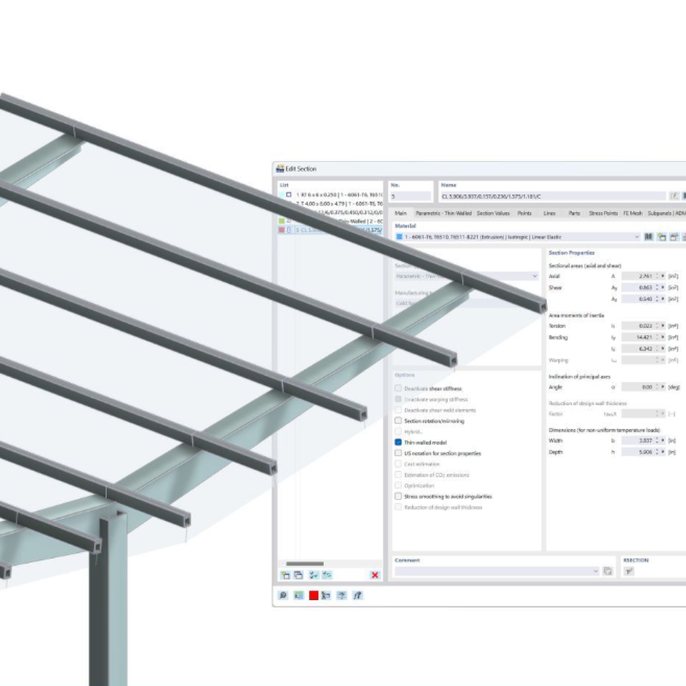 Modelo 3D de una estructura de pórtico de aluminio con varios planos de vidrio