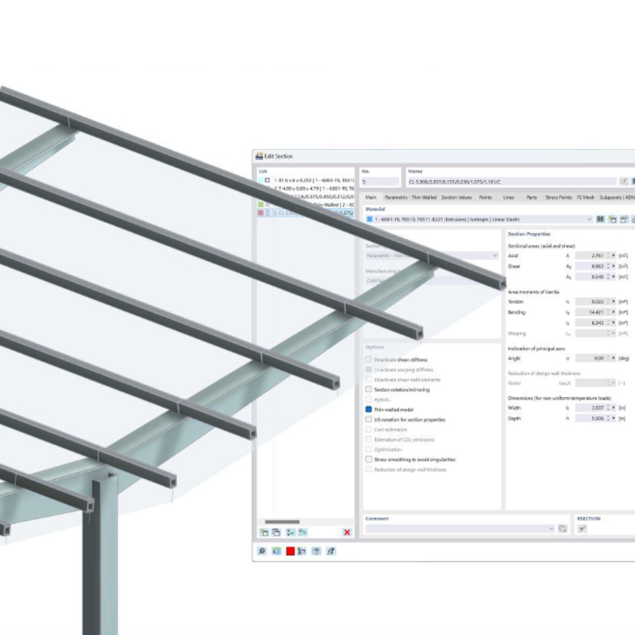 Modelo 3D de una estructura de pórtico de aluminio con varios planos de vidrio