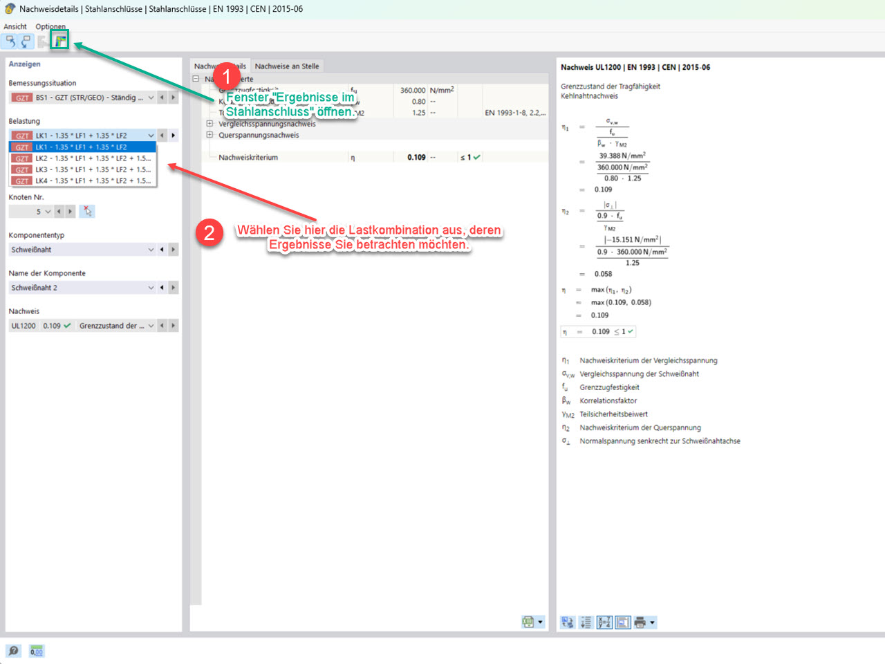 Ventana "Detalles de verificación", análisis de resultados de combinación de cargas