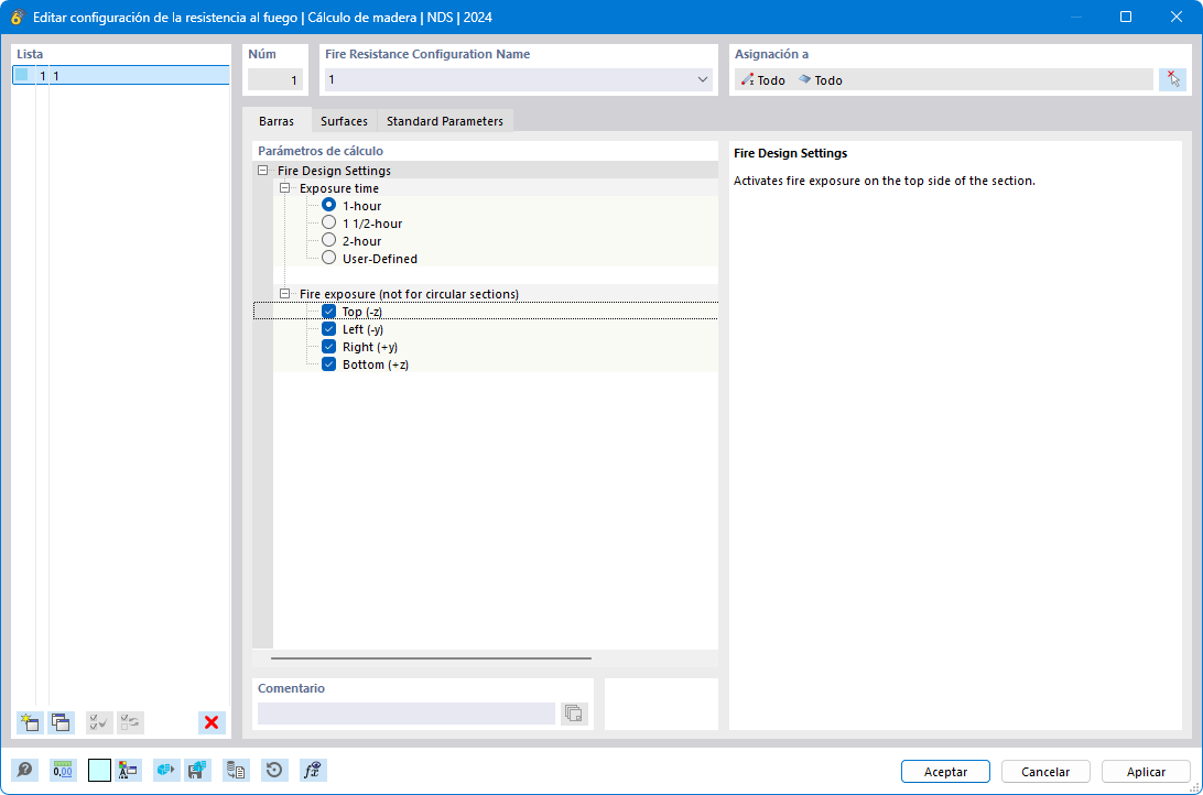 Cuadro de diálogo "Editar configuración de protección contra incendios | EN 1995"