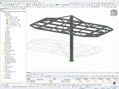 Modelo de RFEM de una estructura de acero para una estación de carga, mostrando detalles estructurales.