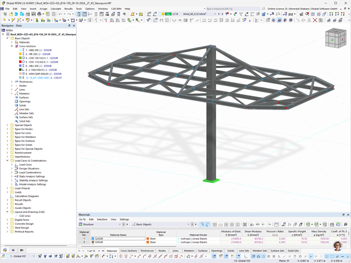 Modelo de RFEM de una estructura de acero para una estación de carga, mostrando detalles estructurales.