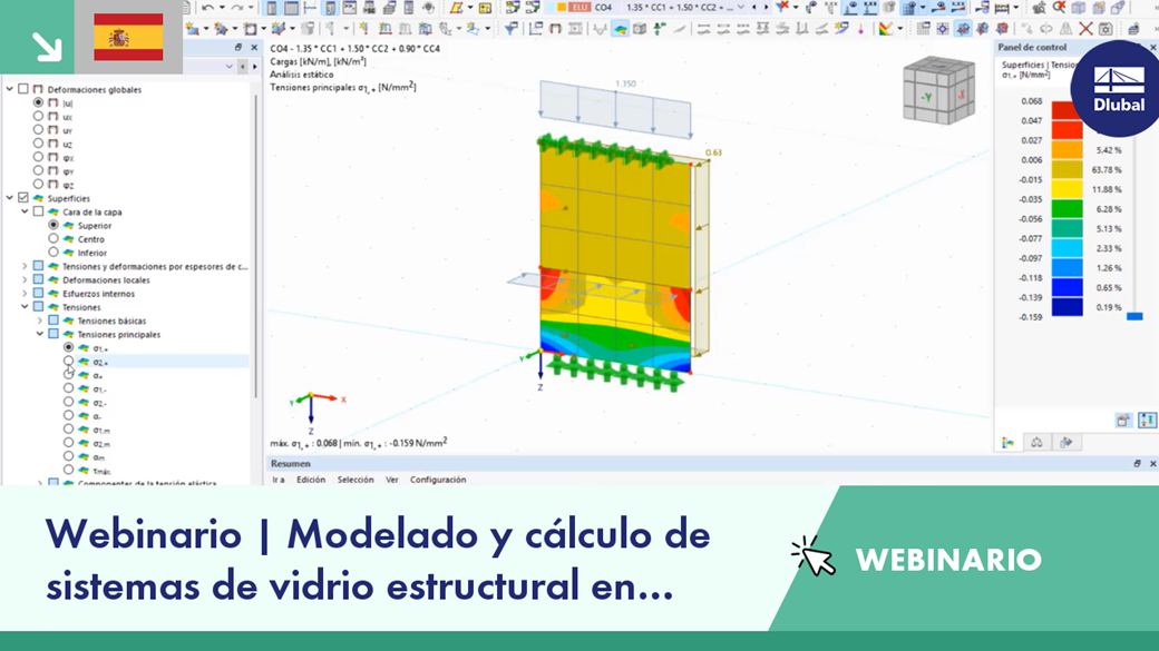 Sistemas de vidrio estructural representados en software de análisis estructural avanzado.