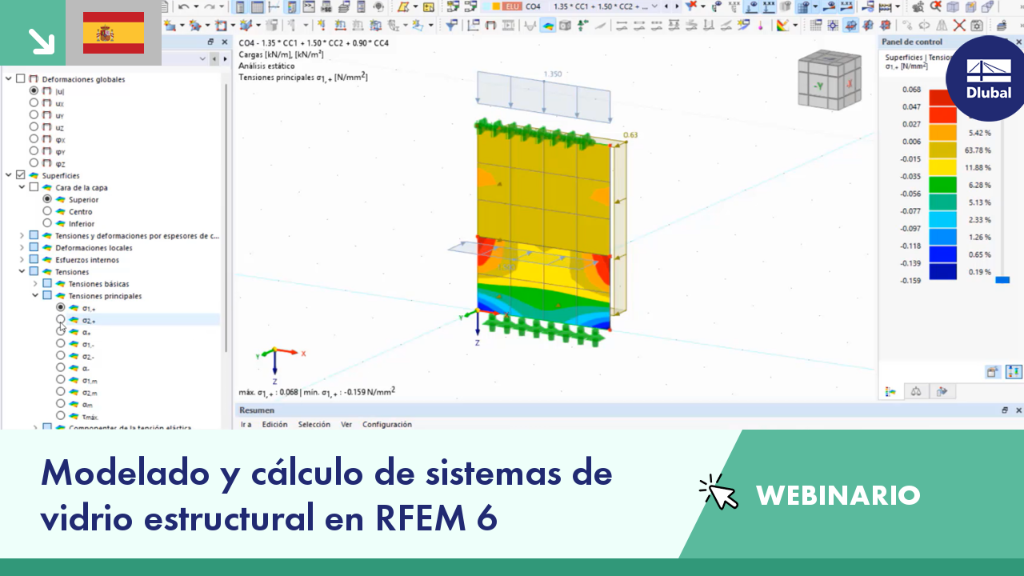 Sistemas de vidrio estructural representados en software de análisis estructural avanzado.