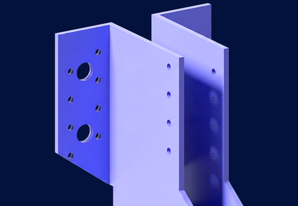 Representación 3D de un colgador de viguetas creado en el complemento Componentes de RFEM 6, que muestra detalles de integración estructural.