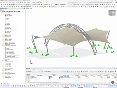 Representación detallada de una estructura de cubierta de membrana en el modelo de software RFEM.