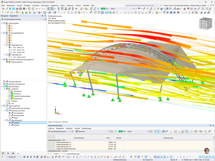 Simulación de patrones de flujo de aire en un análisis estructural, representada mediante líneas de corriente.