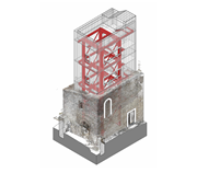 Visualización axonométrica 3D del proyecto de restauración del Castillo de Rocchette, centrada en la integración de la nueva torre.