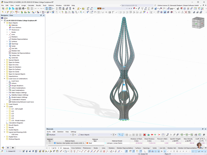 Estructura de acero en el modelo de RFEM, muestra los detalles estructurales de la obra de arte.