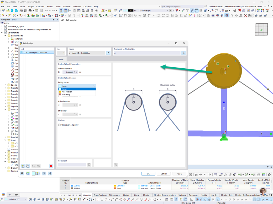 Configuración y ajuste de roldanas en RFEM a través de un cuadro de diálogo especial.