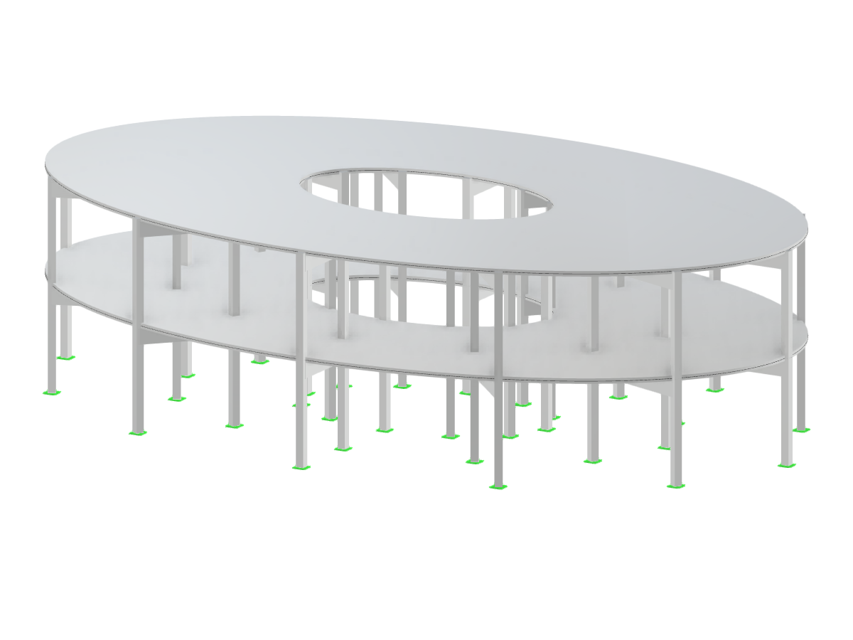 Edificio de estructura elíptica con plantas y dimensiones variables mostrado en un entorno del software de Dlubal.